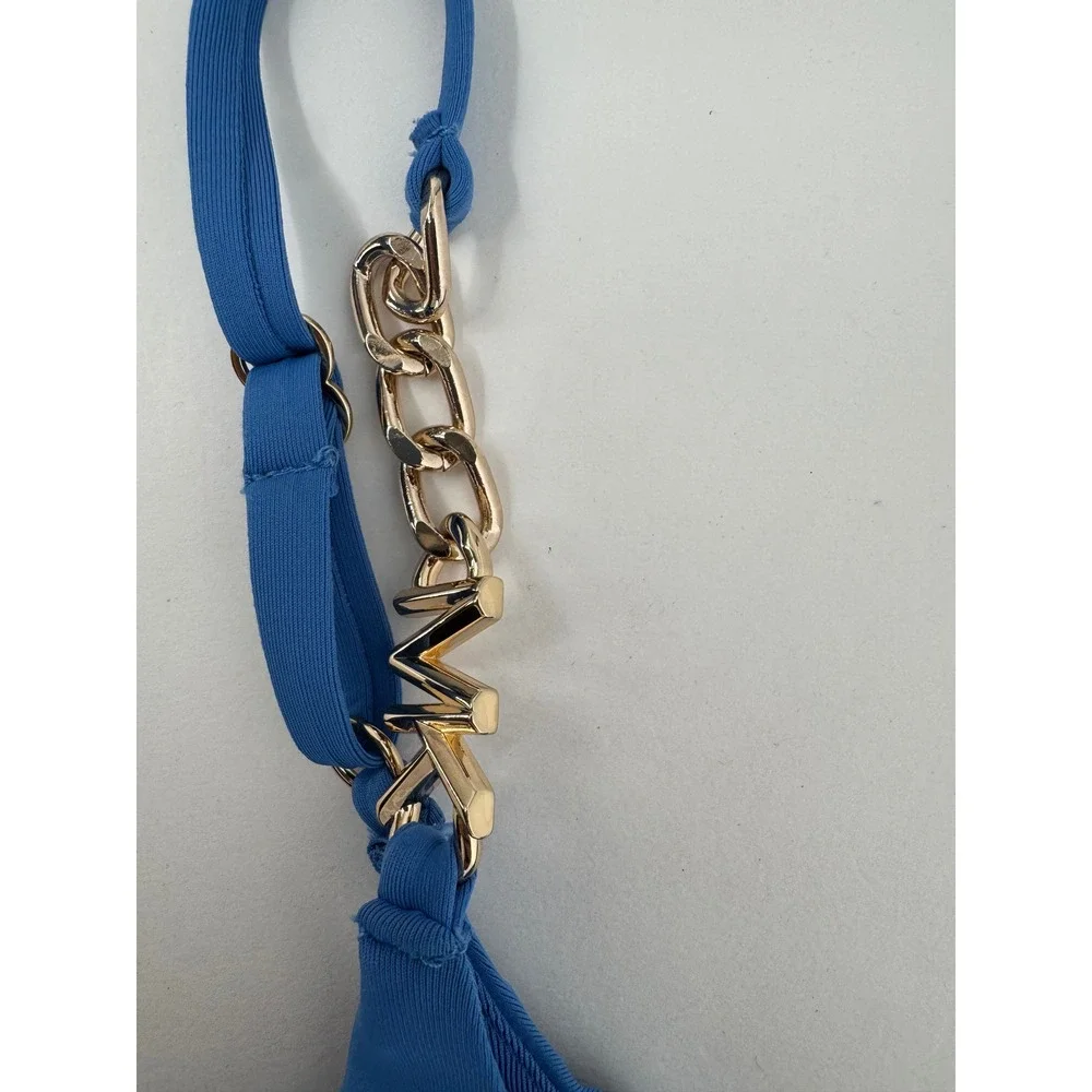 Michael Kors Womens Blue One Shoulder Ruffle Tankini Gold Chain Logo Charm Sz L
